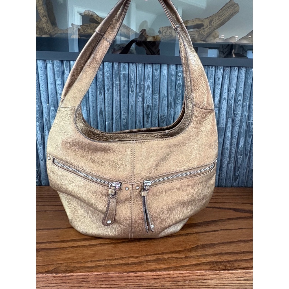 Tignanello Metallic Bronze Gold Leather Hobo Shoulder Bag with Front Zips